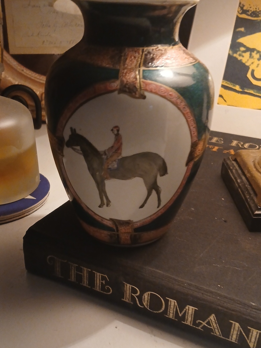 Green and Gold Equestrian Decorative Porcelain Vase - Brand Unspecified